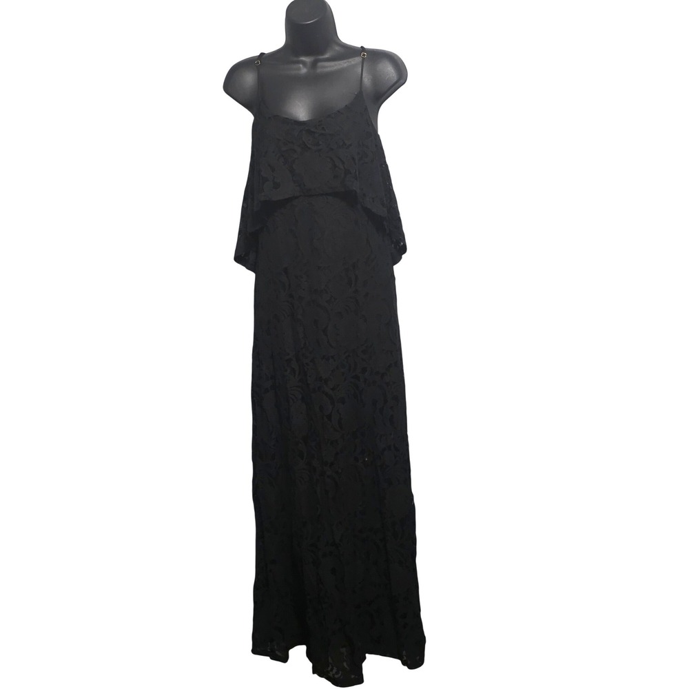 Ark & Co Black Lace Maxi Dress w Ruffled Overlay Adjustable Straps Sleeveless M